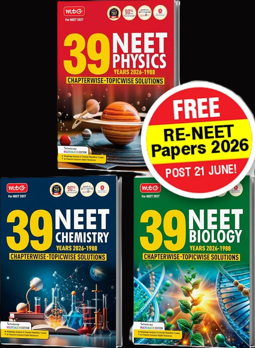 MTG NEET PYQ 39 Years Physics, Chemistry & Biology Book For 2026-2027 Exam (Set of 3)