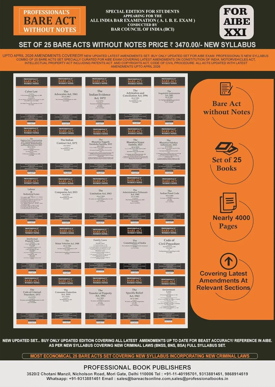 PROFESSIONAL'S AIBE Exam 25 Bare Acts Set without Notes as per New Syllabus, Complete Set of 25 Book