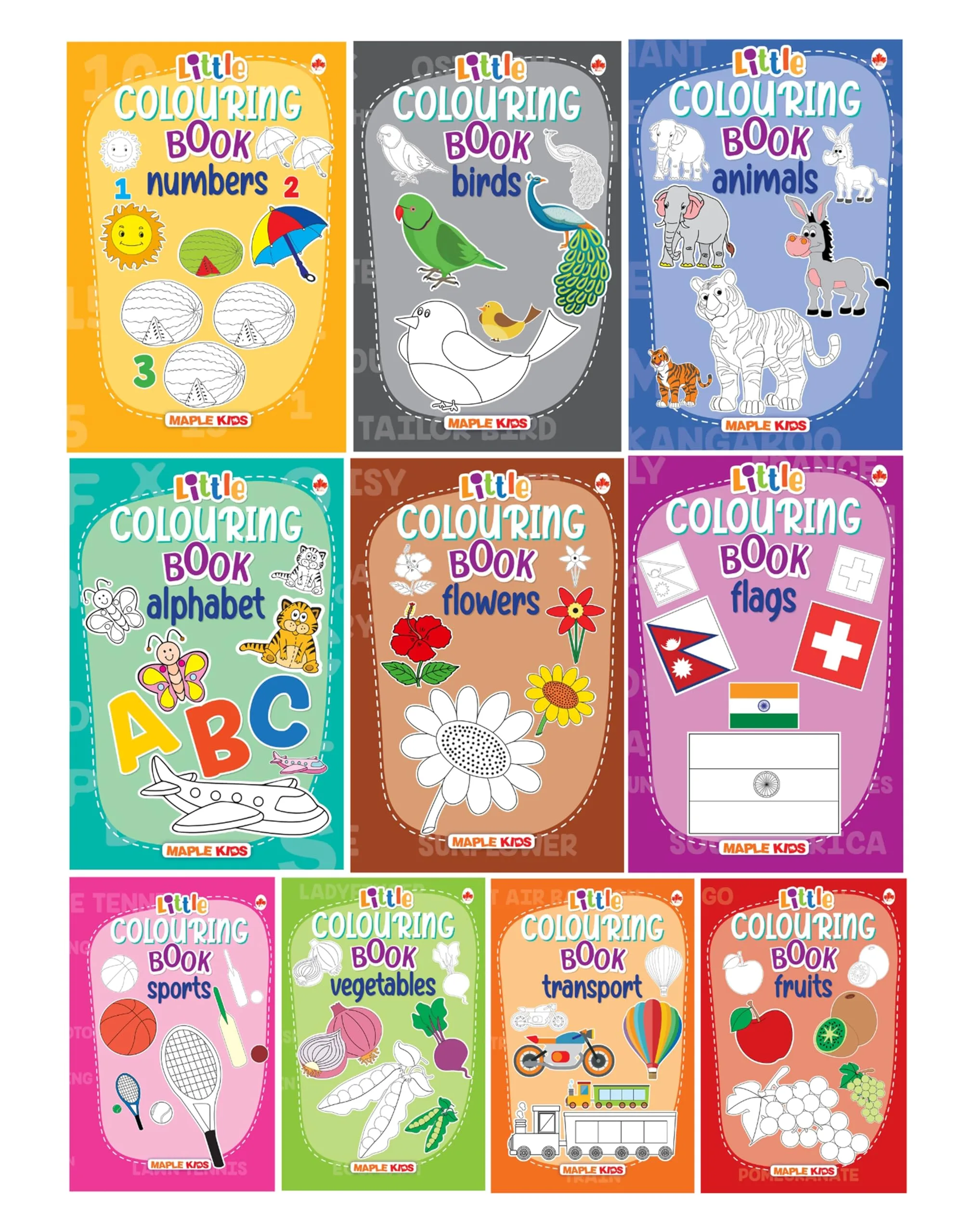 Little Colouring Books for Kids (Set of 10 Books) - Gift to children for painting drawing and colouring - Alphabets Animals Birds Flags Flowers ... Transport Vegetables - 3 to 6 years old